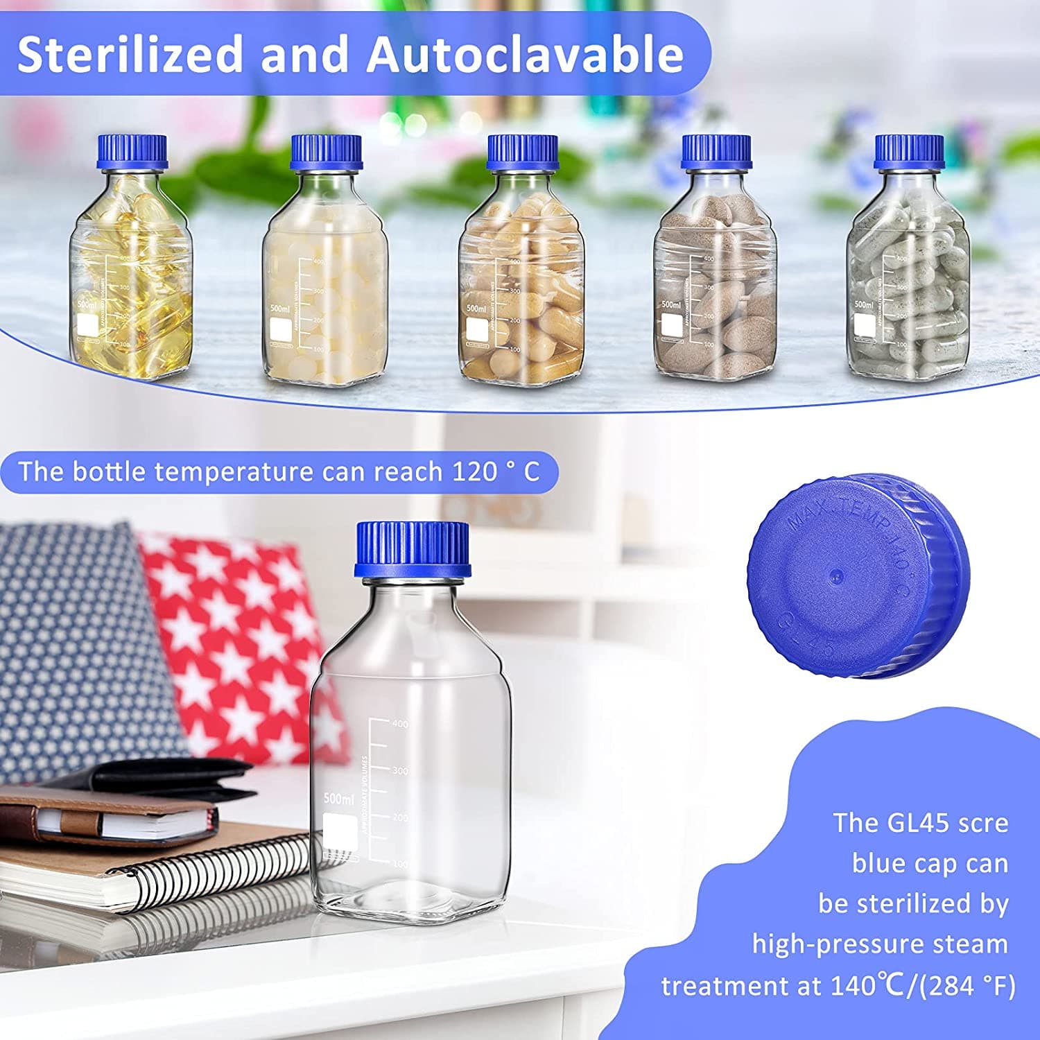 GL45 square bottles graduation range: 100ml to 900ml borosilicate